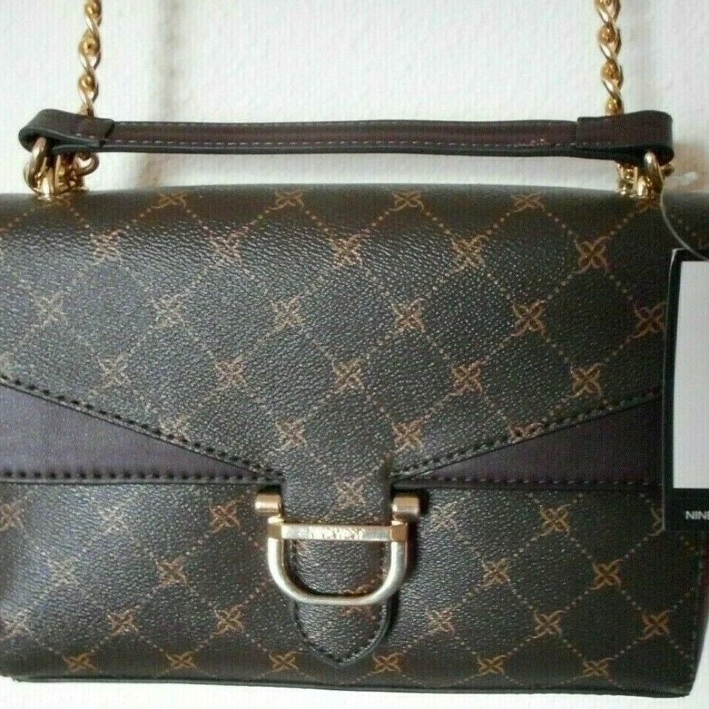 NEW NINE WEST Classic Brown Burgundy Gold Chain Cross body Handbag Purse
